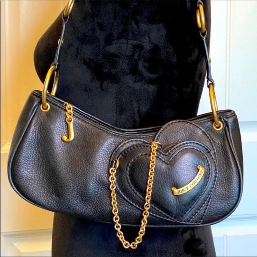 Vintage Juicy Couture Y2K Black leather baguette bag purse heart mirror